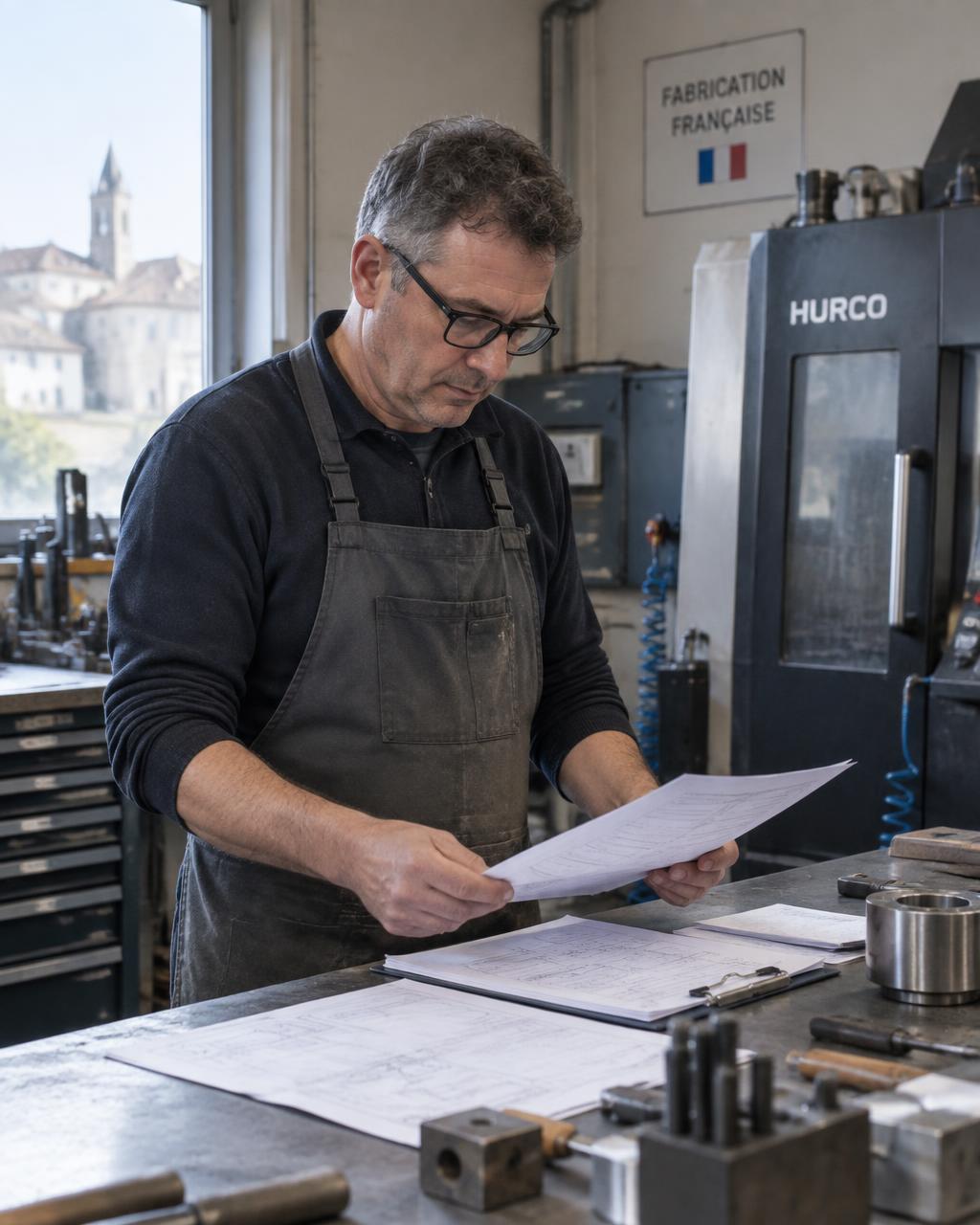 Dirigeant relisant des plans dans son atelier de fabrication